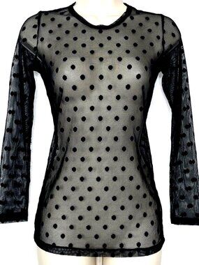 Vtg Comfy USA Polka Dot BLACK MESH Long Sleeve TOP Festival Coachella Whimsygoth